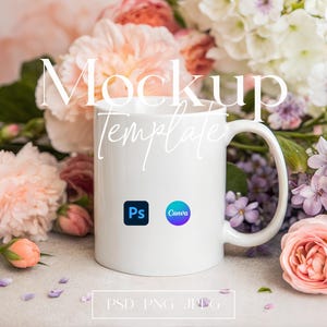 11oz White Mug Mockup, Floral Blank Mug Mockup, Aesthetic Coffee Mug Mockup with Flowers, Canva/PSD Mug Mock Up, Ceramic Cup Mockup
