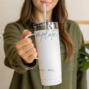 Woman Holding Tumbler Mockup, Boho Tumbler with Handle Mockup, PSD/Canva Tumbler Mockup, Print on Demand Coffee Tumbler Mockup