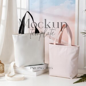 PSD/Canva Two Tote Bags Mockup, White and Pink Shopping Bags Mockup, Black Handle Tote Bag Mockup, Canvas Tote Bag Mockup, Two Bags Mockup