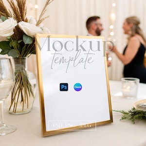 Gold Frame Sign Mockup, 8x10 Wedding Sign Mockup, Framed Sign Mockup, Tabletop Mockup, PSD/Canva Bar Menu Mockup, Table Number Mockup