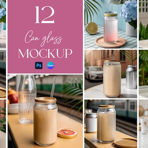 Glass Can Mockup Bundle, PSD Beer Can Glass Mockup, Libbey Glass Mockup Bundle, 16 oz Glass Can Mockup, Sipper Glass Mockup Bundle