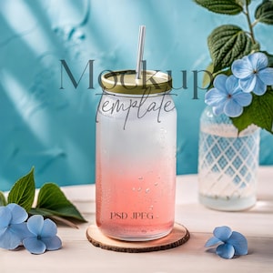 Boho Glass Can Mockup, Glass Beer Can Mockup, Libbey Glass Mockup, Glass Coffee Cup Mockup PSD, Floral Soda Glass Can Mockup