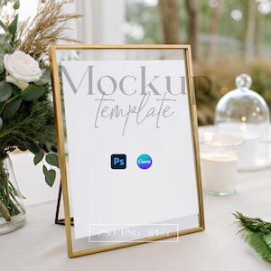 8x10 Table Sign Mockup with Gold Frame, Wedding Table Number Mockup, Bar Menu Mockup, PSD/Canva Tabletop Mockup, Boho Vertical Sign Mockup