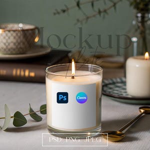 White Glass 9oz Candle Mockup, Candle Jar Mockup, Candle Label Mockup, Lumient Clear Candle Mockup, PSD Smart Object & Canva Mockup