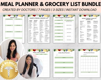 Doctor Created Meal Planner & Grocery List Bundle - Diabetic Grocery List, Daily Meal Planner, Weekly Meal Planner, Monthly Meal Planner