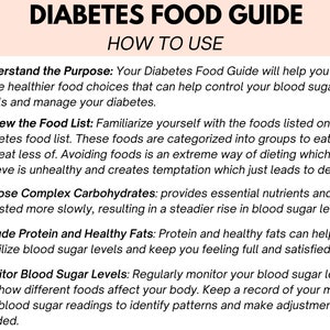 Peut inclure: Un guide rose et blanc avec le titre "Diabetes Food Guide" et une section intitul&eacute;e "How to Use". Le guide fournit des conseils pour g&eacute;rer le diab&egrave;te par le r&eacute;gime alimentaire, notamment la compr&eacute;hension de l'objectif du guide, la consultation de la liste des aliments, le choix des glucides complexes, l'inclusion de prot&eacute;ines et de graisses saines, et la surveillance de la glyc&eacute;mie.