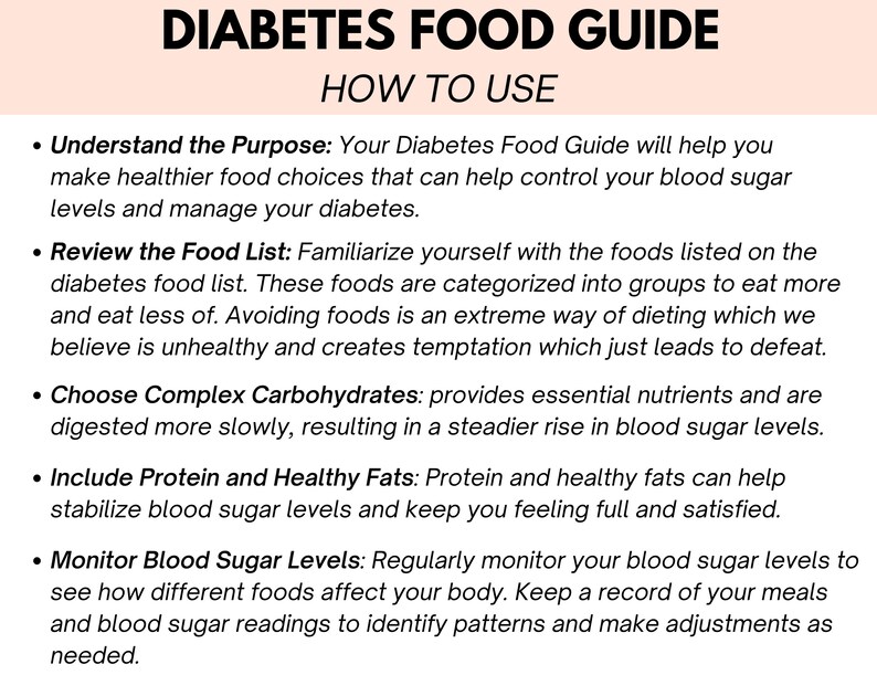 Peut inclure: Un guide rose et blanc avec le titre "Diabetes Food Guide" et une section intitul&eacute;e "How to Use". Le guide fournit des conseils pour g&eacute;rer le diab&egrave;te par le r&eacute;gime alimentaire, notamment la compr&eacute;hension de l'objectif du guide, la consultation de la liste des aliments, le choix des glucides complexes, l'inclusion de prot&eacute;ines et de graisses saines, et la surveillance de la glyc&eacute;mie.