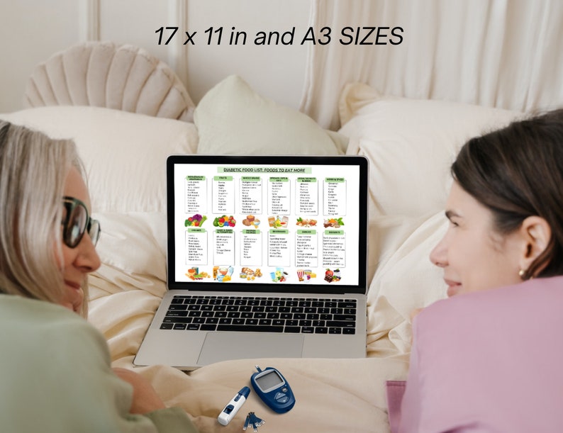 Peut inclure: Deux personnes regardent l'&eacute;cran d'un ordinateur portable affichant une liste d'aliments &agrave; consommer davantage dans le cadre d'un r&eacute;gime diab&eacute;tique. L'ordinateur portable est pos&eacute; sur un lit avec une couette blanche. Un lecteur de glyc&eacute;mie et des bandelettes de test sont sur le lit devant l'ordinateur portable.