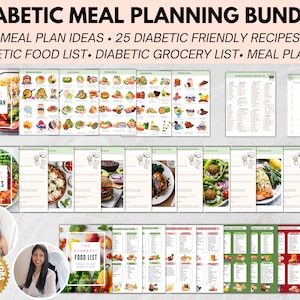 Peut inclure: Un ensemble numérique pour la planification des repas pour les personnes atteintes de diabète. L'ensemble comprend 80 idées de plans de repas, 25 recettes adaptées aux diabétiques, une liste d'aliments pour diabétiques, une liste d'épicerie pour diabétiques et un planificateur de repas. L'image montre un collage de différents plans de repas, recettes et listes.