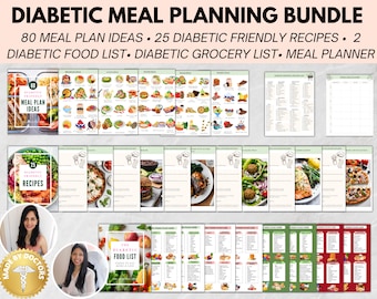 Ensemble de menus pour diabétiques : liste d'aliments, recettes, liste de courses (téléchargement numérique)