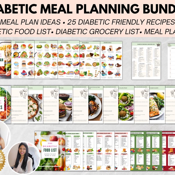 Diabetic Meal Plan Bundle-Diabetiker-Speiseplan, Diabetiker-Lebensmittelliste, Diabetiker-Lebensmittelkarte, Mahlzeitenplaner, Lebensmittelliste, Rezepte