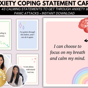 May include: A set of 43 printable cards with calming statements to help manage anxiety and panic attacks. The cards feature a pink background with a rainbow and a brain with the text "Lower Your Anxiety".