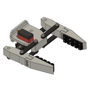 Peut inclure: Un préhenseur robotique à deux bras, chacun avec un ensemble de pinces en caoutchouc noir. Le préhenseur est alimenté par un petit servomoteur rouge.