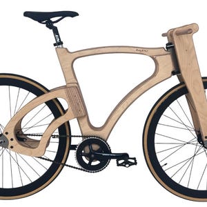 May include: A unique wooden bicycle with a light brown frame and black tires. The bike features a sleek, modern design with a black seat and a chain-driven drivetrain. The wheels have a diameter of approximately 28 inches.