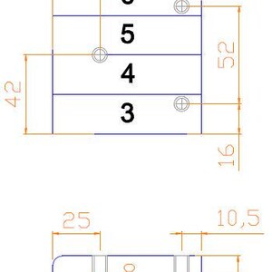 May include: Technical drawing of a rectangular object with dimensions labeled in millimeters. The object is divided into sections labeled 3, 4, 5, and 6. Overall height is 52 mm, width is 25 mm, and depth is 10.5 mm.
