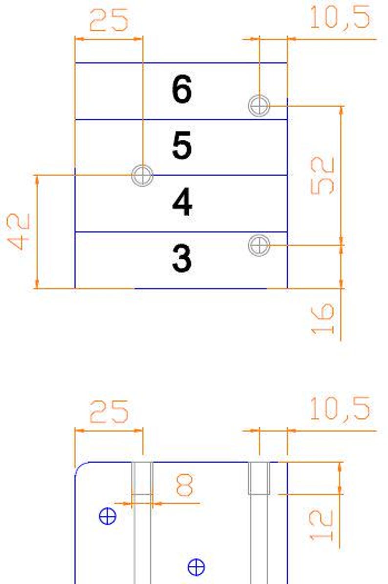 May include: Technical drawing of a rectangular object with dimensions labeled in millimeters. The object is divided into sections labeled 3, 4, 5, and 6. Overall height is 52 mm, width is 25 mm, and depth is 10.5 mm.