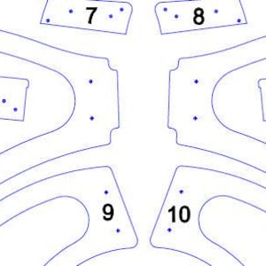 May include: A detailed, top-down view of a blue line drawing on a white background. The design features curved lines and rectangular shapes with small blue dots, possibly indicating drill points or connection points. The overall design appears to be a template or pattern.