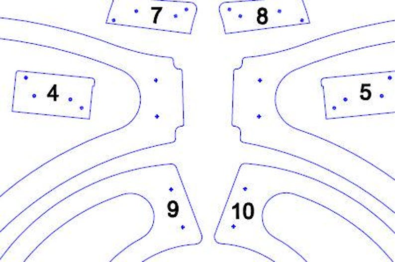May include: A detailed, top-down view of a blue line drawing on a white background. The design features curved lines and rectangular shapes with small blue dots, possibly indicating drill points or connection points. The overall design appears to be a template or pattern.
