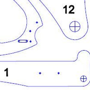 May include: A detailed, top-down view of a laser-cut wooden template with blue outlines. The template is composed of several interconnected pieces, with the numbers "1" and "12" visible. The design includes various shapes, holes, and cutouts, suggesting a construction or craft project.
