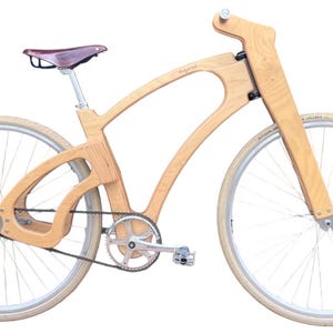 May include: A wooden bicycle with a unique frame design. The bike features a light brown wooden frame, a brown leather seat, and cream-colored tires. The wheels have silver spokes and rims. The bicycle is designed for a smooth ride.