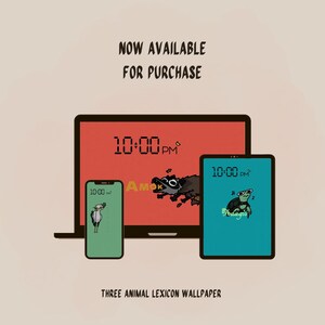 Puede incluir: Ilustración digital con un portátil, una tableta y un smartphone que muestran fondos de pantalla con temática de animales. Las pantallas muestran un mapache, una tortuga y un pájaro. También se ve el texto "NOW AVAILABLE FOR PURCHASE" y "THREE ANIMAL LEXICON WALLPAPER".