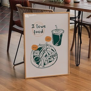 I Love Food Print, Retro French Fries and Soda Print, Retro Kitchen Wall Art, Cute Cooking Art, Funky Food Art, Hand Drawn Food Drink Prints