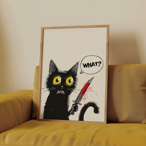 Funny Black Cat Print, Murderous Cat with Knife, Funny Cat Poster, Cat Humor PRINTABLE Art, Trendy Cat Wall Art, Halloween Cat DIGITAL ART