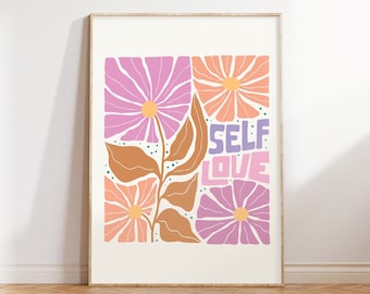 Self Love Floral Art Print, Retro Boho Decor (Digital Download)