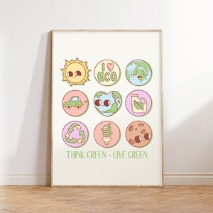 Think Green Live Green, lebendige Kunst ohne Abfall, Erde Tag Drucke, Planet Erde Poster, Erde Tag Drucke, niedliche umweltfreundliche Wandkunst