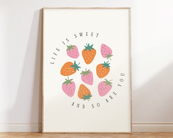 Erdbeere positive Zitat Print, Retro Küche Wandkunst (digitaler Download)