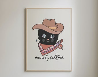 Stampa artistica di gatto cowgirl, divertente decorazione western (download digitale)