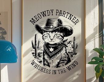 Stampa di gatto cowboy, Meowdy Partner Western Art (download digitale)