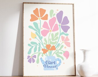 Girl Power Floral Print, Retro Boho Art (Digital Download)