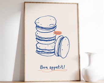 Bon Appetit Print, Retro Kitchen Wall Art, Cute Cooking Art, Hand Drawn Food & Drink Prints, Macaron Dessert Print, Macarons Baking Print