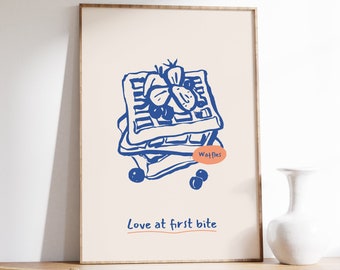 Love at First Bite Print, Breakfast Waffles Print, Retro Kitchen Wall Art, Cute Cooking Art, Funky Food Art, Hand Drawn Food & Drink Prints