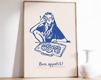Bon Appetit Print, Retro Kitchen Wall Art, Cute Cooking Art, Girl Dinner Art Print, Ręcznie rysowane wydruki jedzenia i napojów, Bon Appetit Art Poster