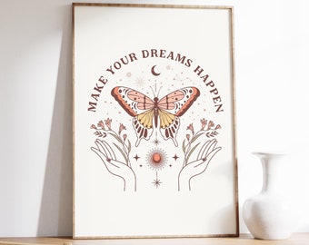 Butterfly Celestial Art Print, Boho Floral, Spiritual Wall Decor (Digital Download)