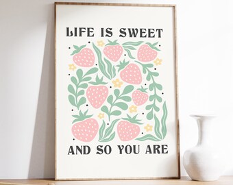 Retro Erdbeere Print, positives Zitat, Boho Wandkunst (digitaler Download)
