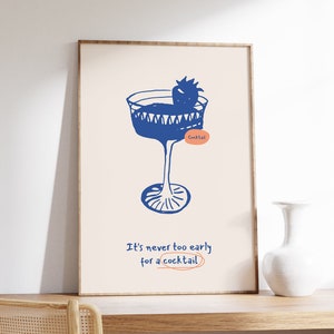 Het is nooit te vroeg voor een cocktailposter, retro cocktailprint, funky cocktailmuurkunst, thuisbarkardecor, handgetekende eten- en drinkafdrukken