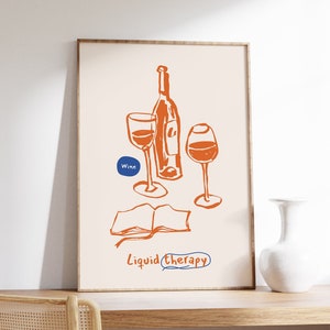 Zabawny plakat z winem, wydruk Liquid Therapy, wydruk Retro Bar Cart, sztuka Wine Club, plakat Funky Bar Cart Art, ręcznie rysowane wydruki z jedzeniem i napojami