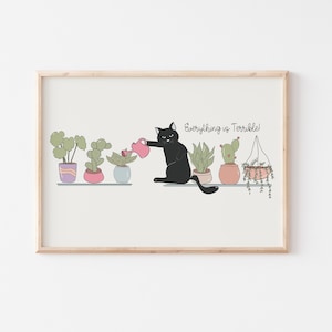 Cat Watering Plants, Black Cat and Plants, Cat Lover Gift, Black Cat PRINTABLE Art, Funny Cat Wall Art, Cat Prints, Black Cat Digital Poster