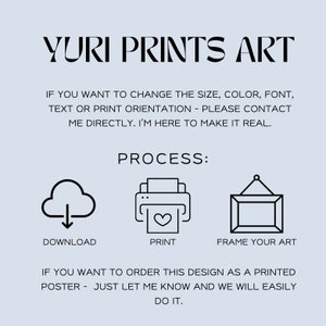 May include: A digital illustration showing the process of downloading, printing, and framing art prints. The text reads "YURI PRINTS ART" and "PROCESS: DOWNLOAD PRINT FRAME YOUR ART". The text also says "IF YOU WANT TO CHANGE THE SIZE, COLOR, FONT, TEXT OR PRINT ORIENTATION - PLEASE CONTACT ME DIRECTLY. I'M HERE TO MAKE IT REAL." and "IF YOU WANT TO ORDER THIS DESIGN AS A PRINTED POSTER - JUST LET ME KNOW AND WE WILL EASILY DO IT."