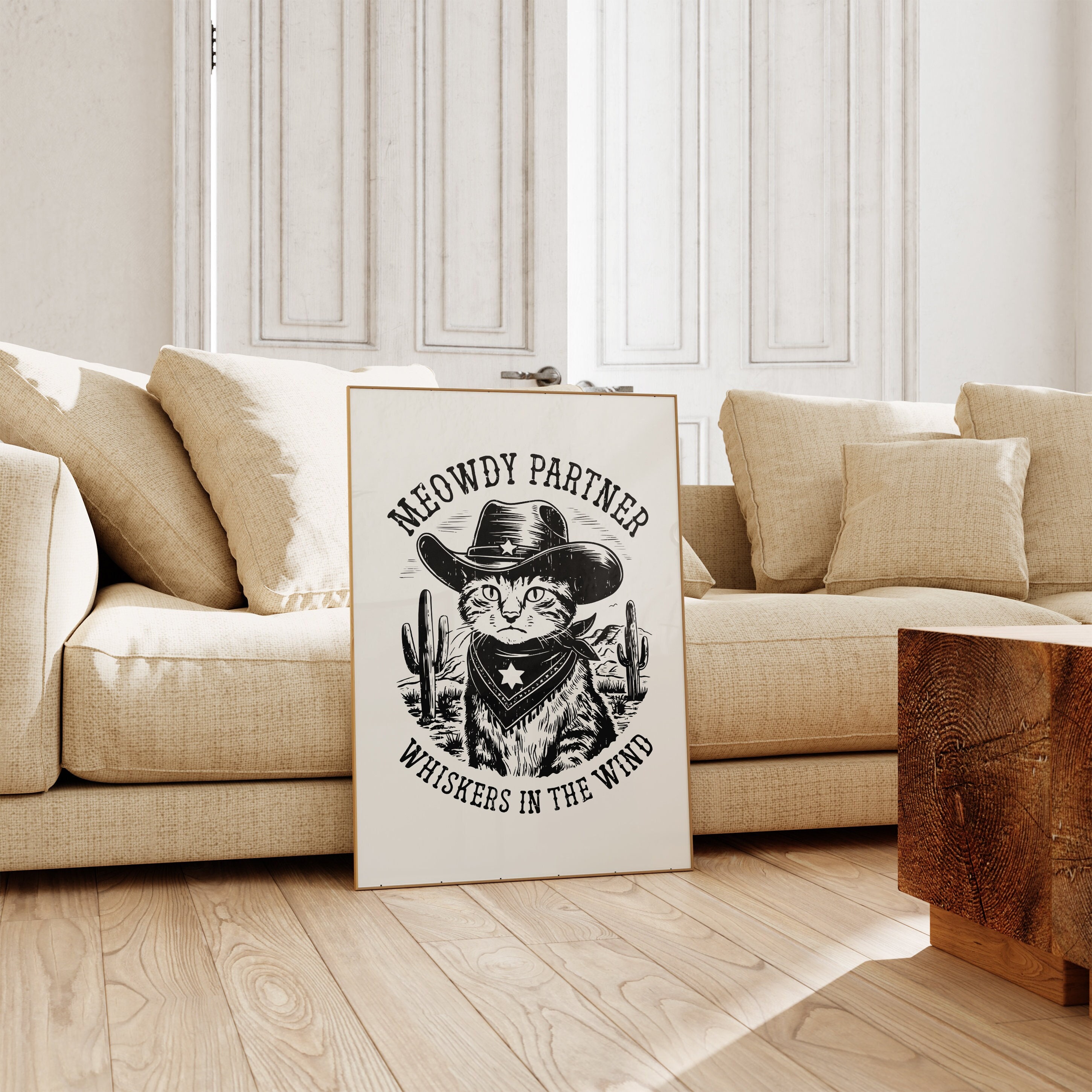 Quadro Su Tela Gatto Cowboy: Stampa Artistica Western Con Gatto E Cappello Da Cowboy - Decorazione Parete Vintage, Poster Stile Americana