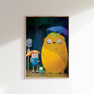 K&ouml;nnte beinhalten: Eine Cartoon-Illustration von Finn der Mensch und Jake der Hund aus der Zeichentrickserie Adventure Time. Finn h&auml;lt einen bunten Regenschirm und Jake h&auml;lt einen blauen Regenschirm. Sie stehen an einer Bushaltestelle im Regen.
