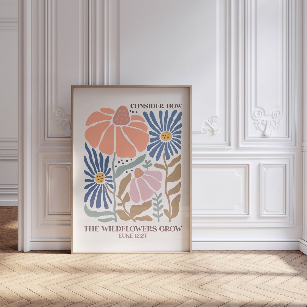 Wildflower Bible Verse Print, Luke 12:27, Retro Christian Art (digital ...