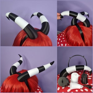 Anpassbare 2-in-1 3D gedruckte Hörner für Cosplay: gestreifte schwarze und weiße Hörner auf einem Haarreif