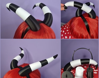 Customizable 2-in-1 imp 3d printed cosplay horns: striped black and white horns on a headband