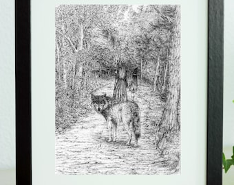 Witch art print, witch in woods, wolf print, animal print, pagan art, gift for her, birthday gift, unique gift, line drawing, pen and ink