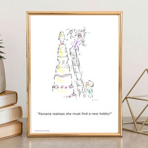 Grappige aangepaste cartoon van vrouw die taart versiert, individualistische onderschrifttekening, aangepaste humoristische illustratie, persoonlijk leuk verjaardagscadeau