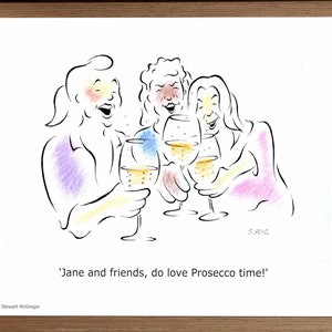 Girls Night Out Cartoon Print - Quirky and Personalised Birthday Gift for Women, Cheers to Prosecco Time!, Unique and Funny Gift for Women